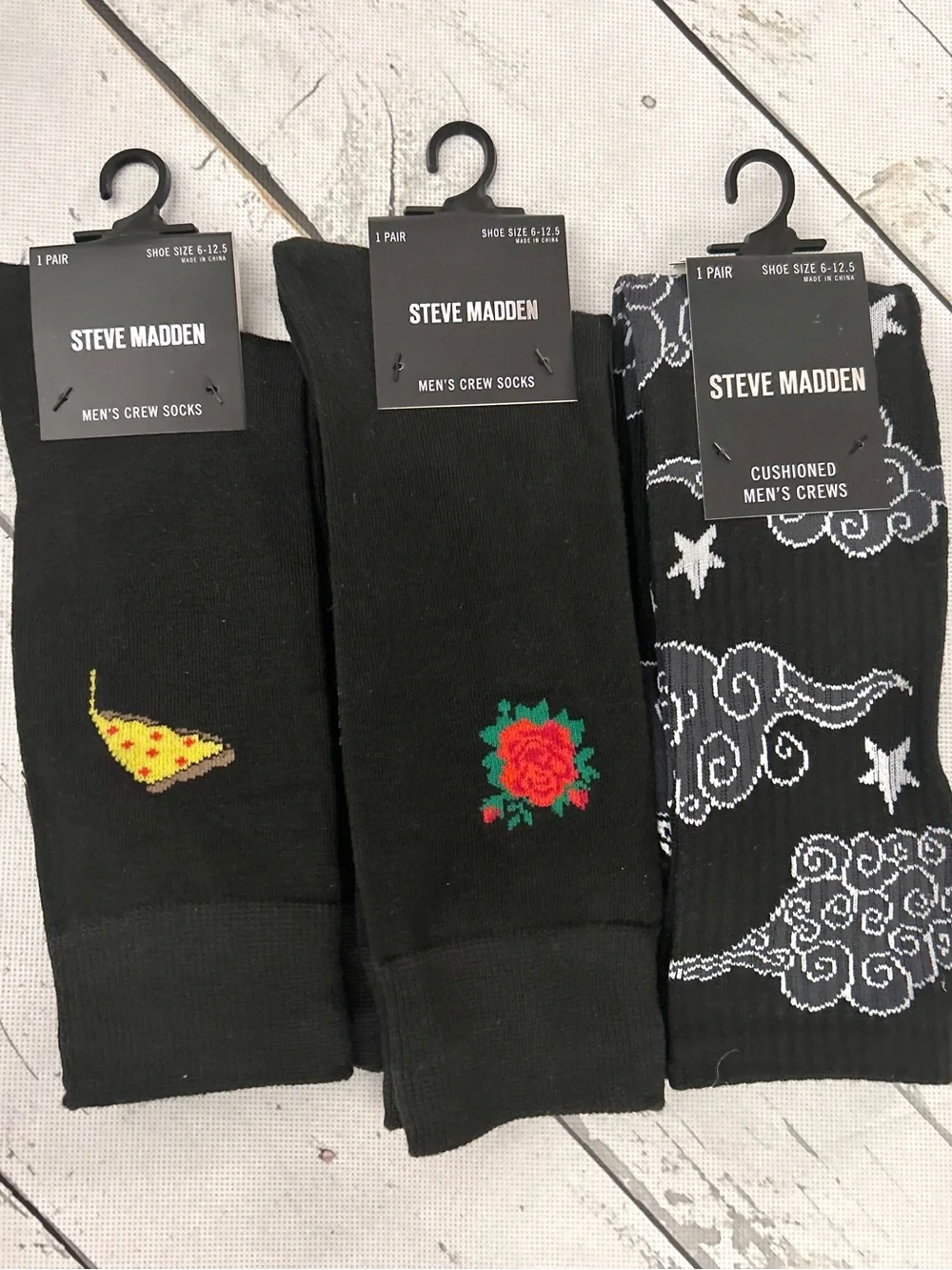 Steve Madden Black Crew Socks with Pizza, Rose & Pattern Accents